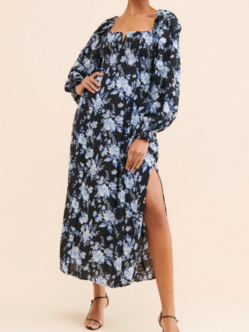 Free People Jaymes Midi Dress black blue floral smocked Sz M